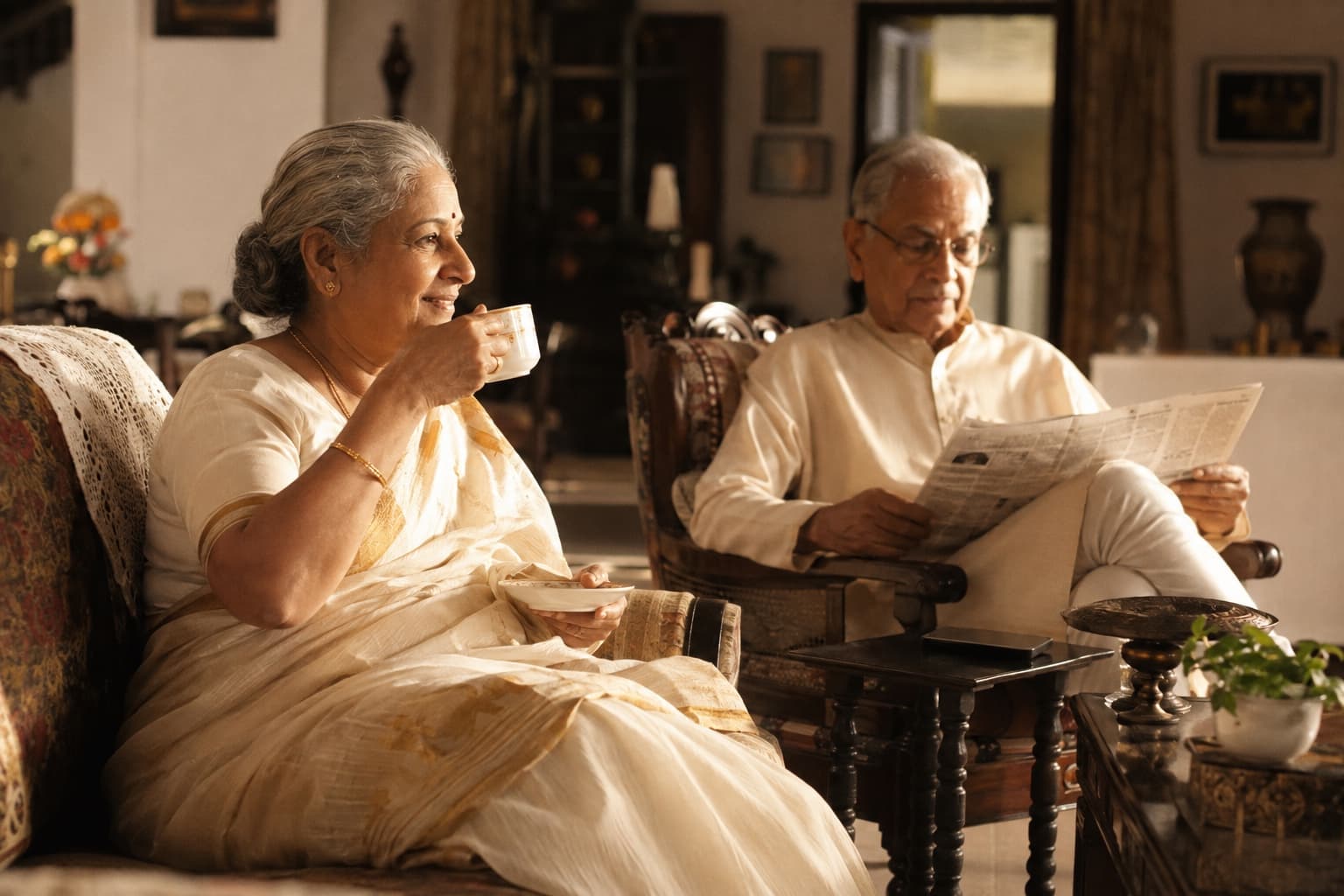 Elderly parents at morning chai in their living room in India — he reads the paper, she lifts her cup mid-smile.