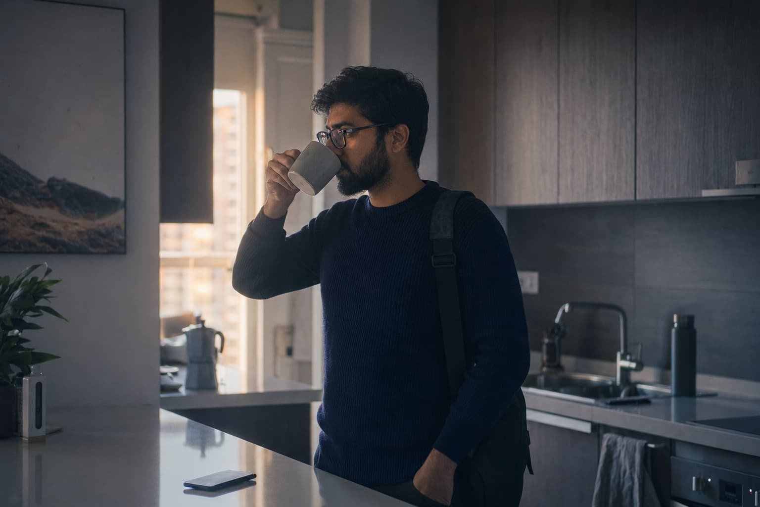 An Indian man in his early thirties drinks coffee at dawn in his apartment kitchen abroad, laptop bag already on his shoulder.
