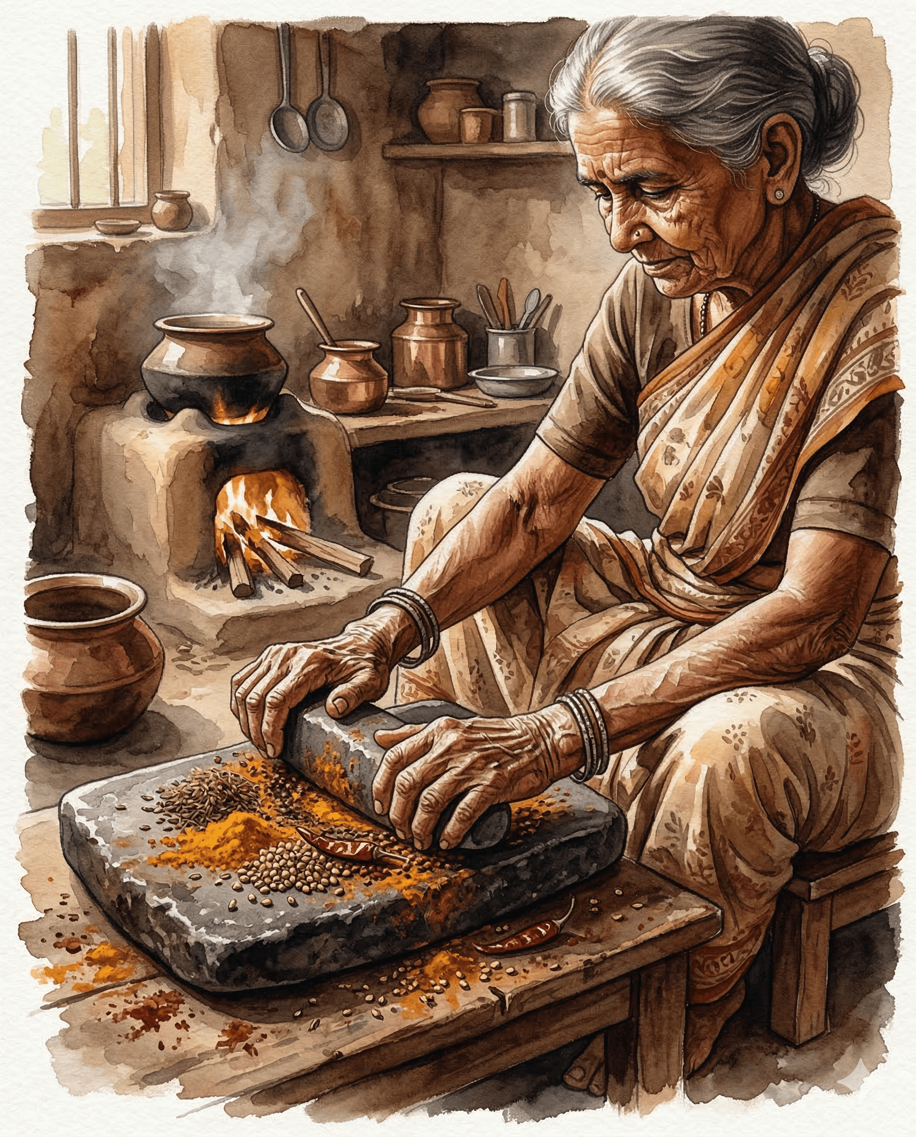 Watercolor illustration of an elderly woman grinding spices in a traditional kitchen beside a clay stove.