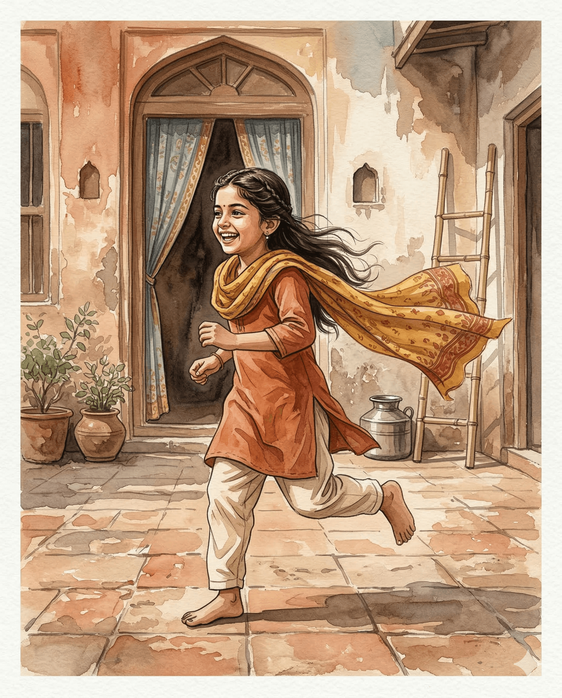 Watercolor illustration of a young girl running barefoot across a courtyard with her dupatta trailing behind her.
