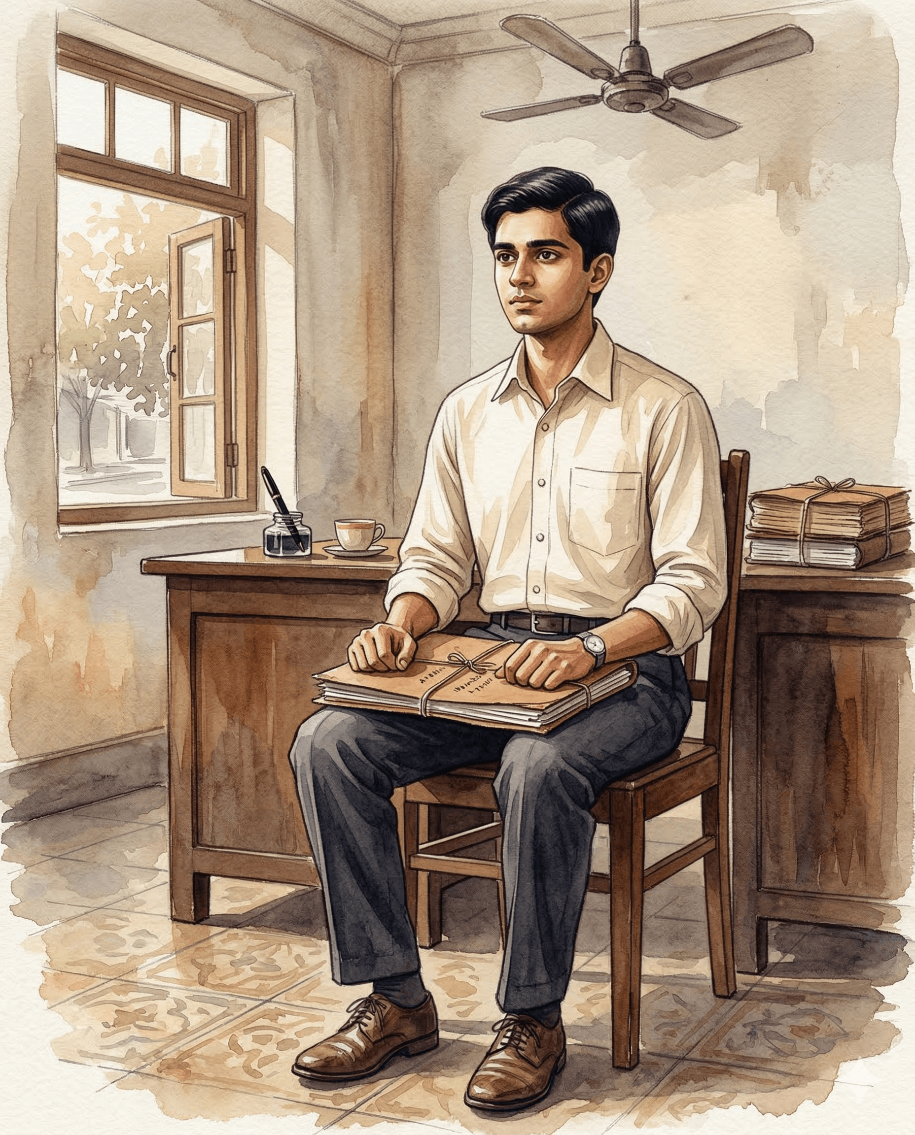Watercolor illustration of a young man waiting nervously in a modest office before a job interview.