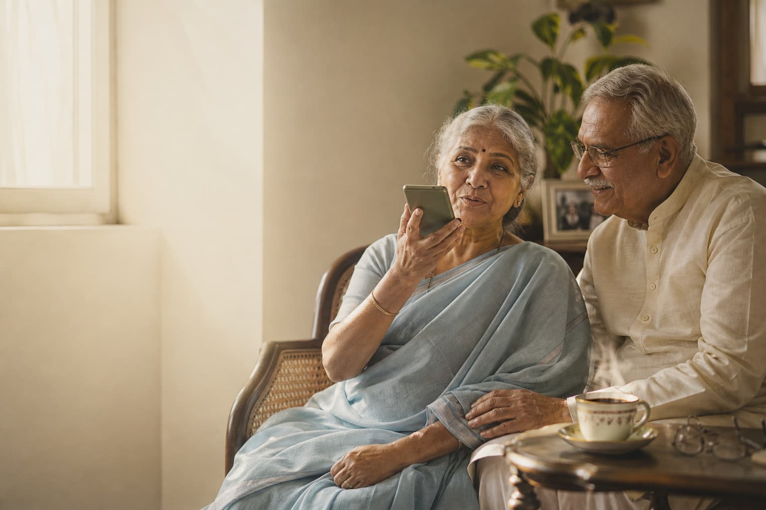 An elderly Indian mother speaks a story into her phone while her husband listens beside her at home.