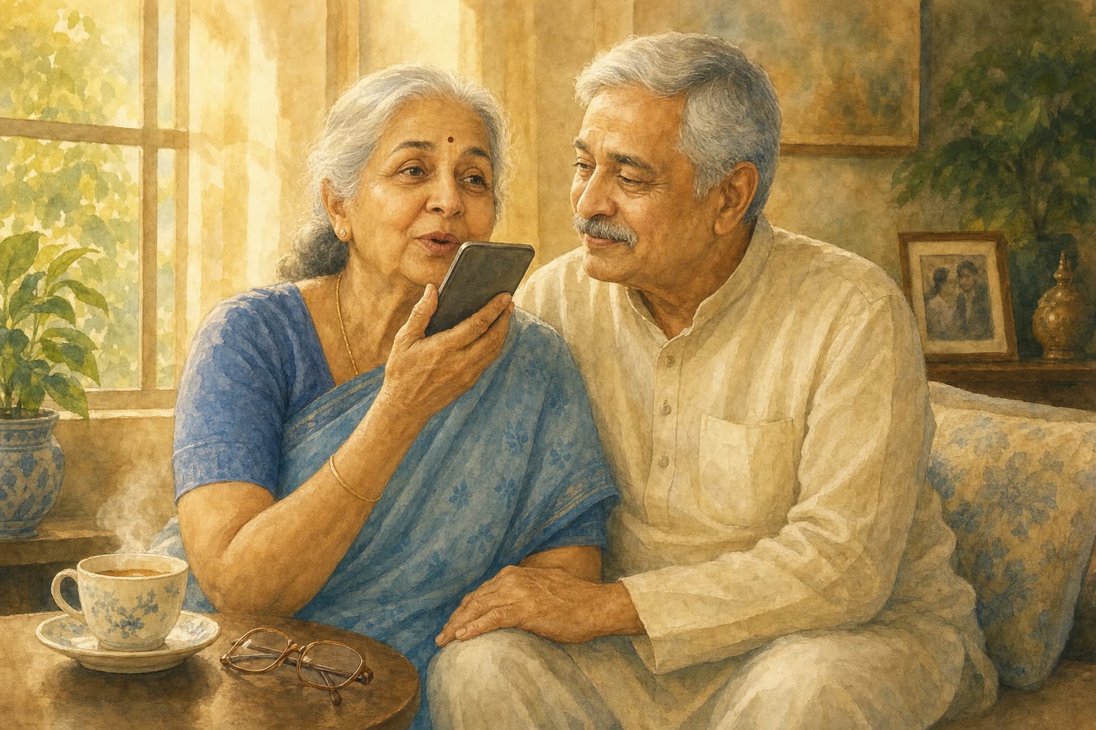 A grandmother in India speaking a story into her phone by a sunlit window while her husband listens beside her