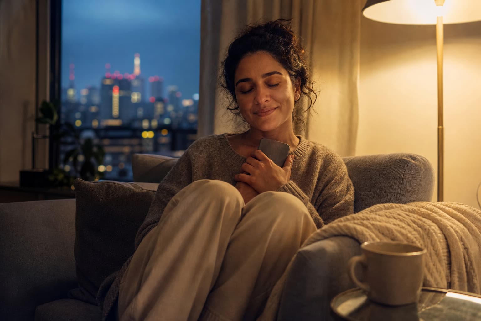 An adult daughter abroad listens to a voice note from her parents at dusk, a far-off city skyline behind her.