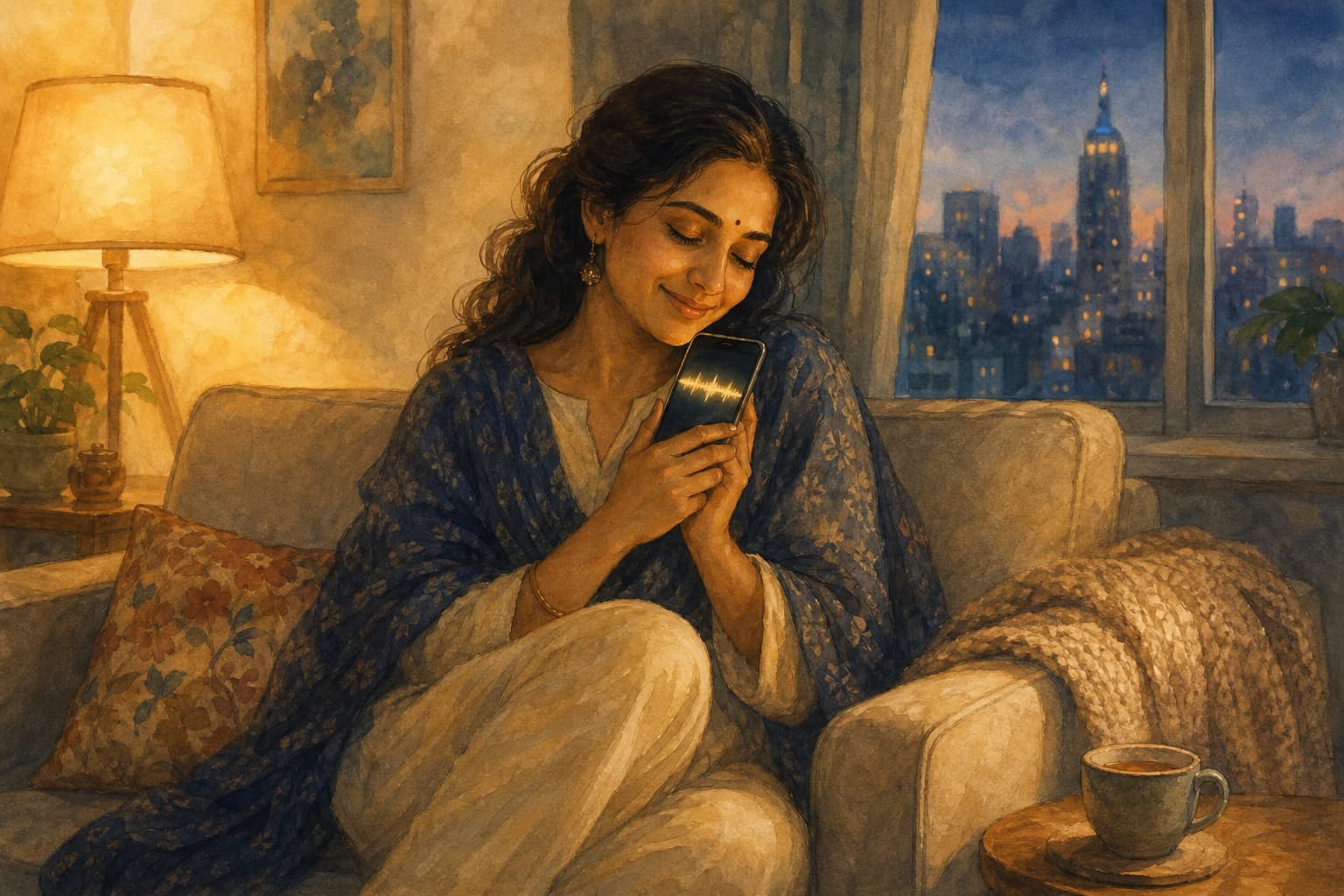 A daughter abroad at dusk holding her phone to her heart, a faraway city skyline through the window behind her