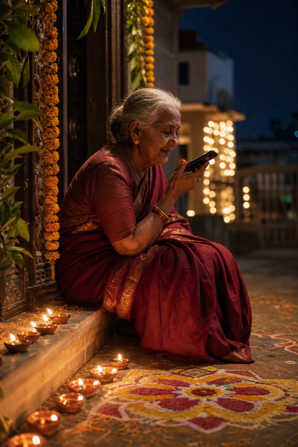 An elderly woman in a maroon saree on her doorstep on Diwali night, diyas and rangoli around her, recording a voice note on her phone