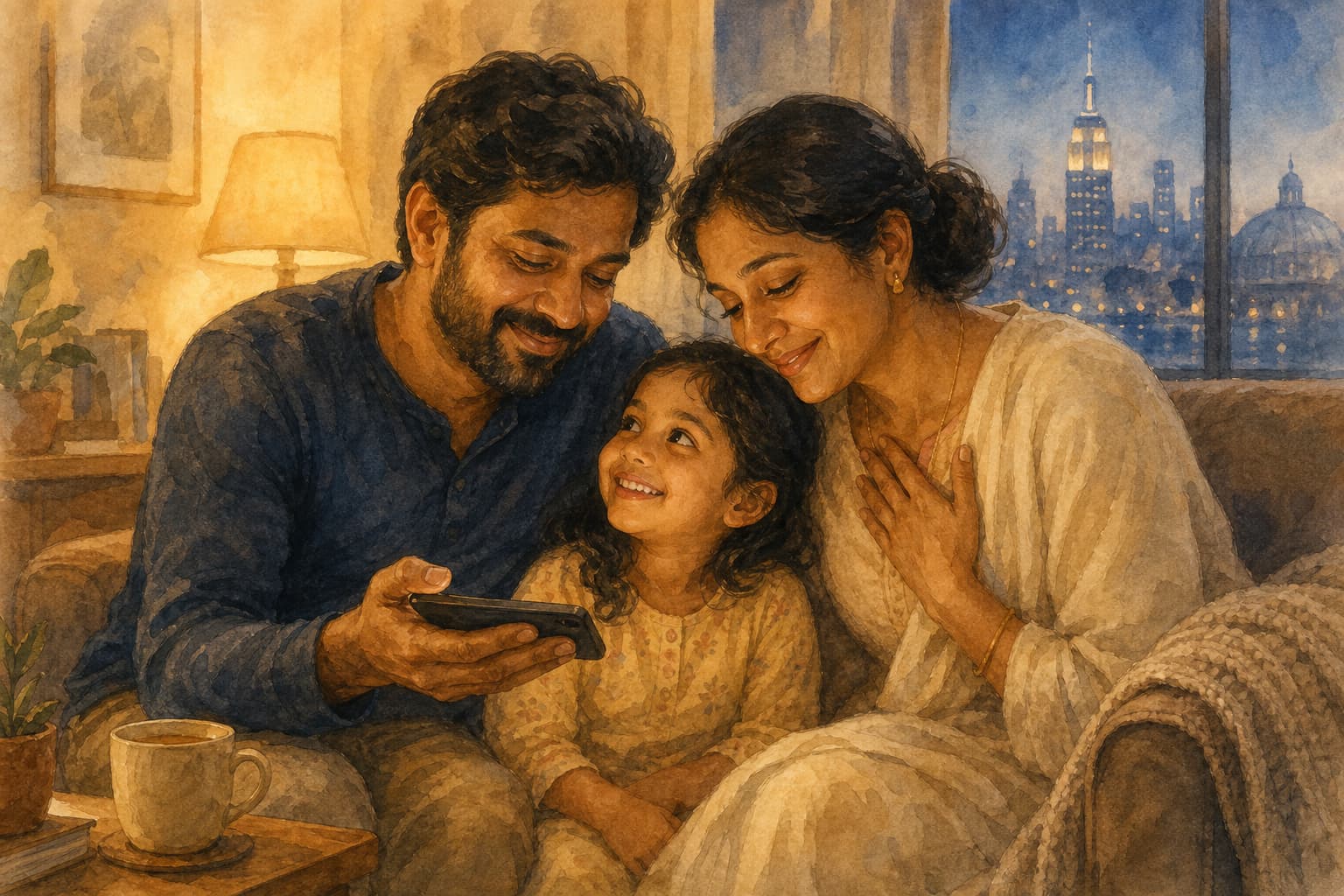Watercolour illustration of a young family abroad leaning together over a phone in lamplight, listening to a voice note