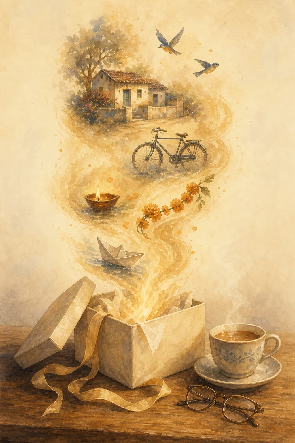 Watercolour illustration of an open gift parcel with a golden swirl of memories rising out of it: a paper boat, a bicycle, a lit diya, marigolds and two birds