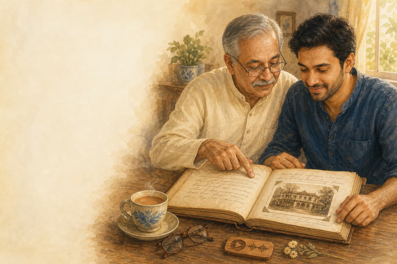 An Indian father and his adult son looking through a family album.