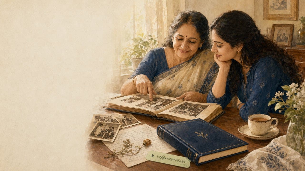 An Indian mother and adult daughter looking through a family album.