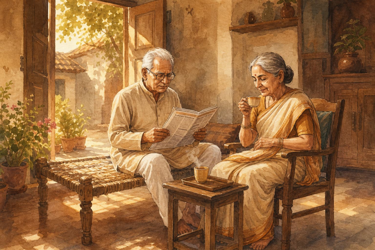 Watercolor illustration of elderly parents at morning chai in their home in India — he reads the paper, she lifts her cup.