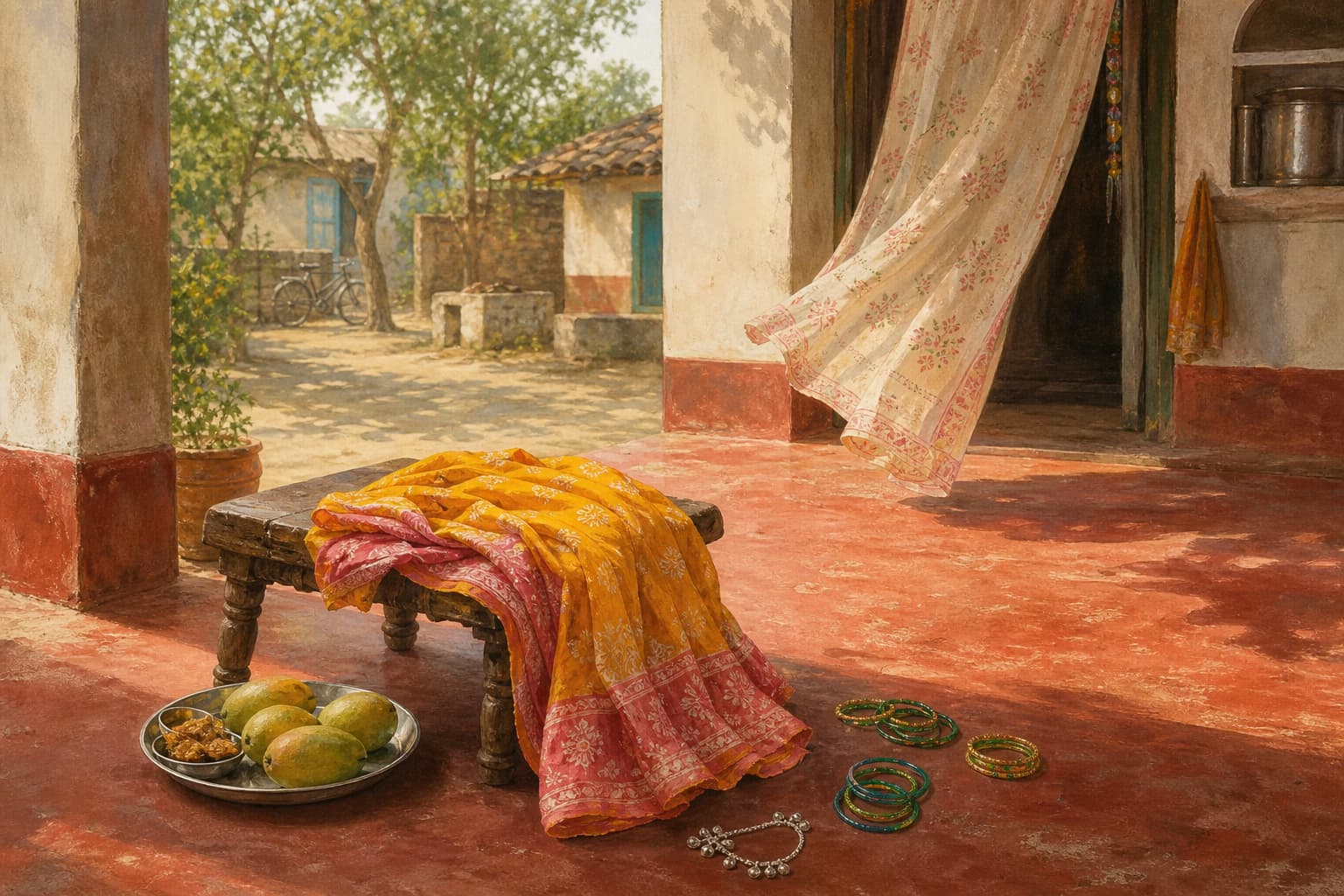 A painted chapter cover: a bright folded saree and a plate of mangoes on a sunlit village verandah, glass bangles scattered on the floor.