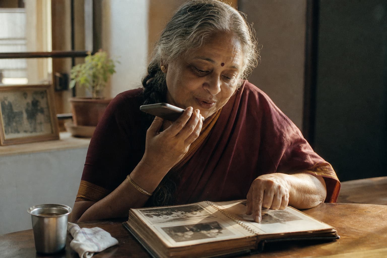An Indian mother recording a Marathi family story as a voice note