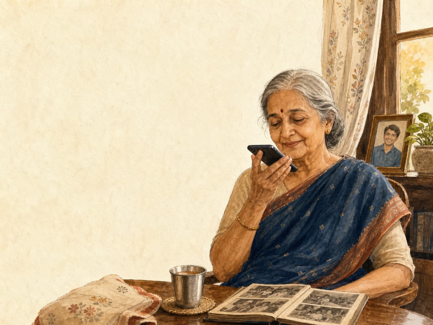 An Indian mother recording a Marathi family story as a voice note