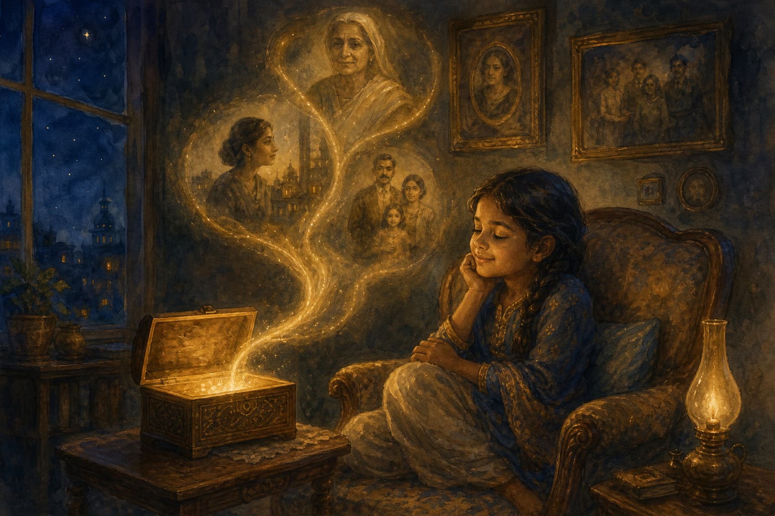 A child at night in an armchair beside a lamp, listening as golden light rises from an open keepsake chest and forms the faces of earlier generations of her family