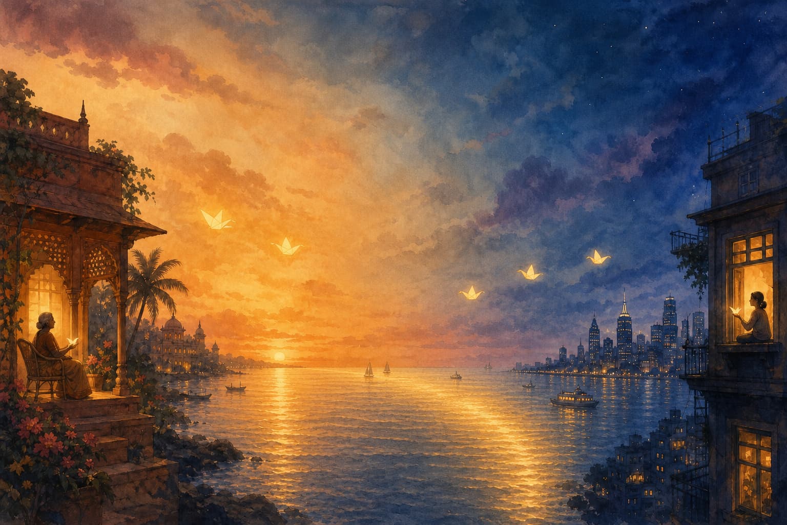 Two shores at dusk, a warm Indian home on one side and a faraway city of skyscrapers on the other, joined by a golden path of light on the ocean and a few glowing paper birds crossing between them