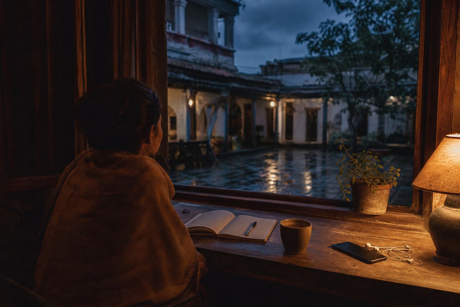 A person in a shawl seen from behind at a lamplit desk at dusk, with an open notebook, a cup of chai, and a phone beside earphones, a rain-washed courtyard visible through the window.