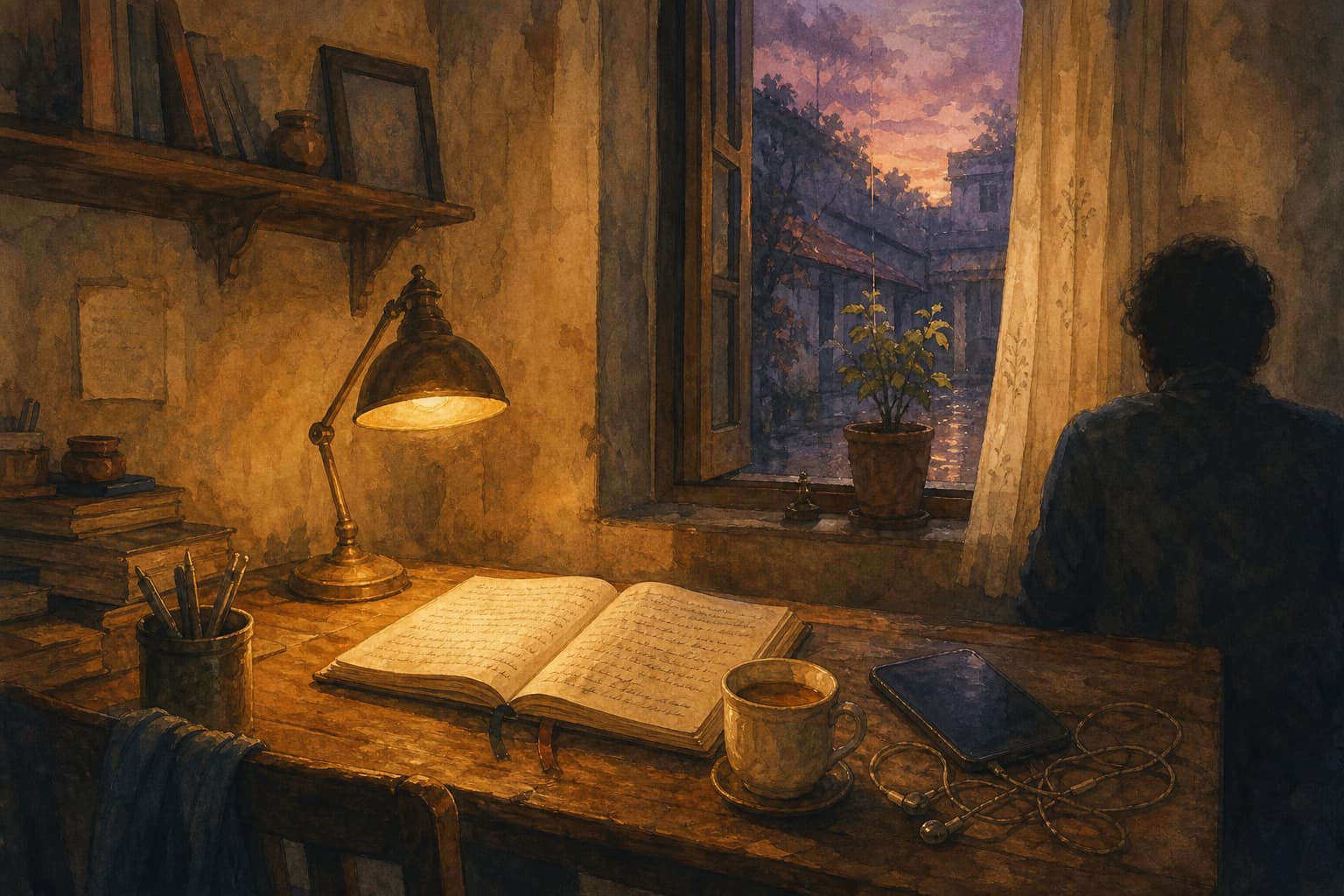 A figure seen from behind at a lamplit wooden desk at dusk, with an open notebook, a cup of chai, and a phone beside earphones, a rain-washed courtyard visible through the open window.