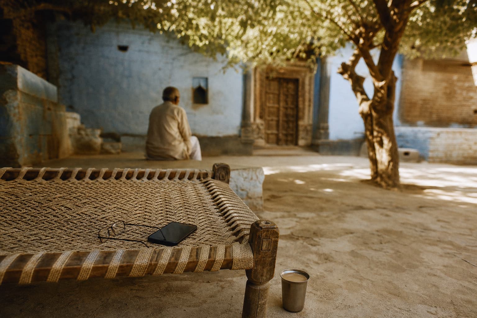 A charpai with a smartphone and reading glasses in a shaded Indian courtyard, a steel tumbler of chai beside it, where an elder sits on a step near a neem tree.