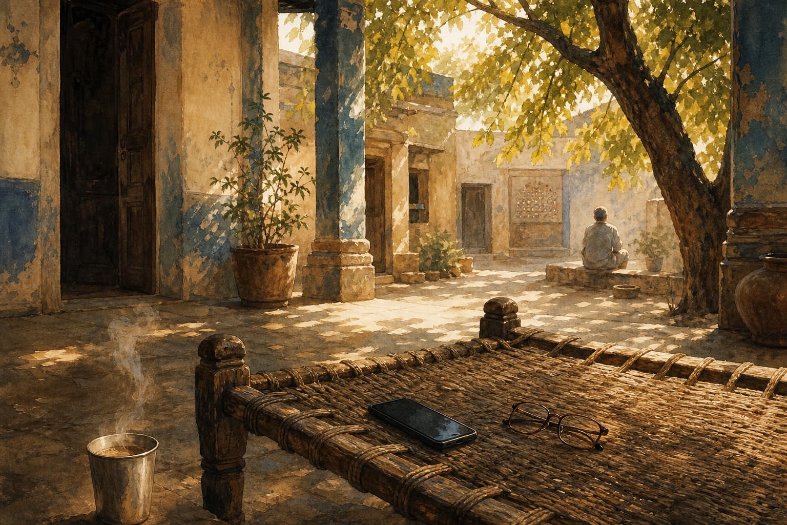 A charpai with a smartphone and reading glasses in a sunlit Indian courtyard where an elder sits beneath a neem tree