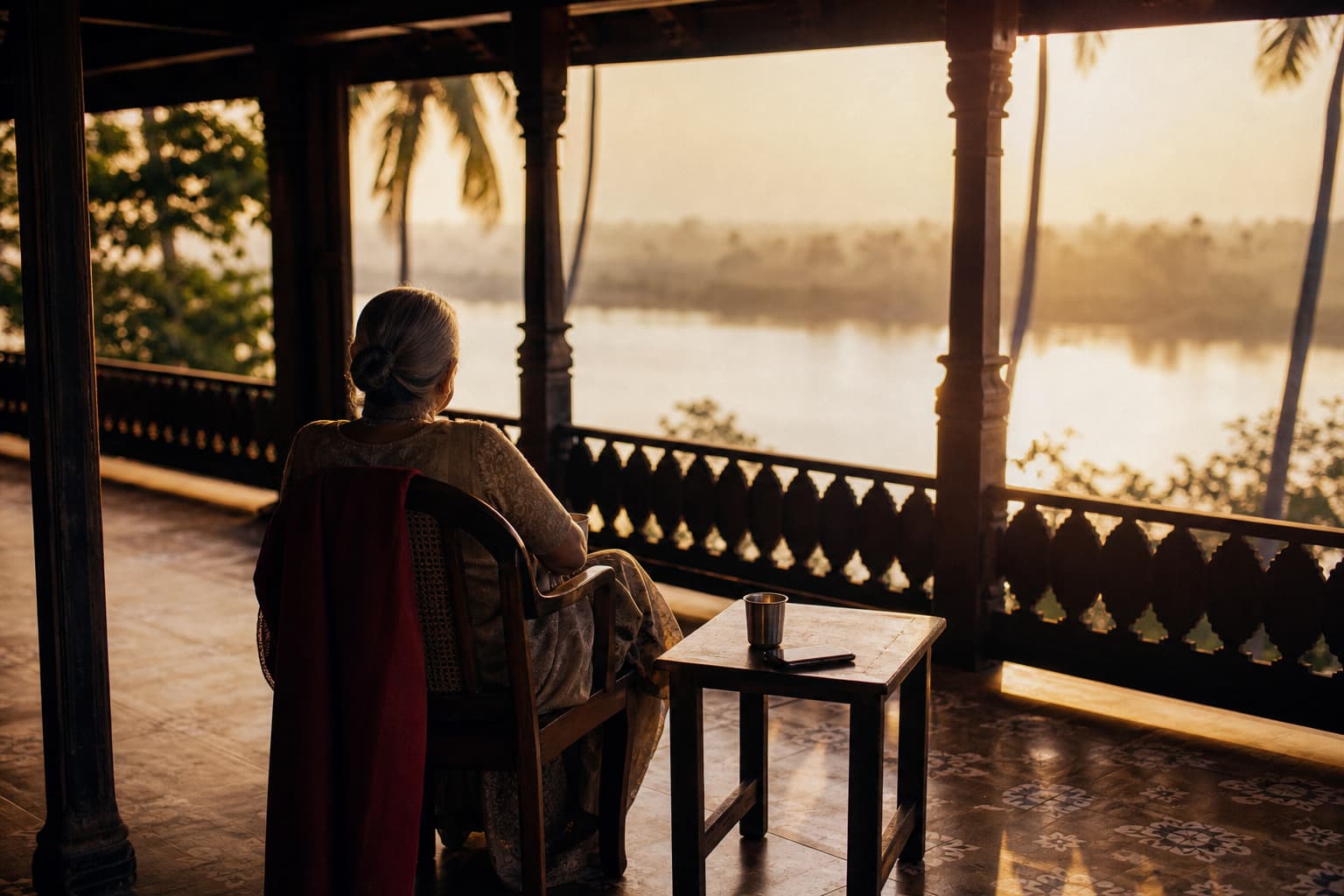 An elderly Indian woman seen from behind on a carved-wood verandah above a river at golden hour, a red shawl on her chair and a steel tumbler of chai and a face-down phone on the table beside her.