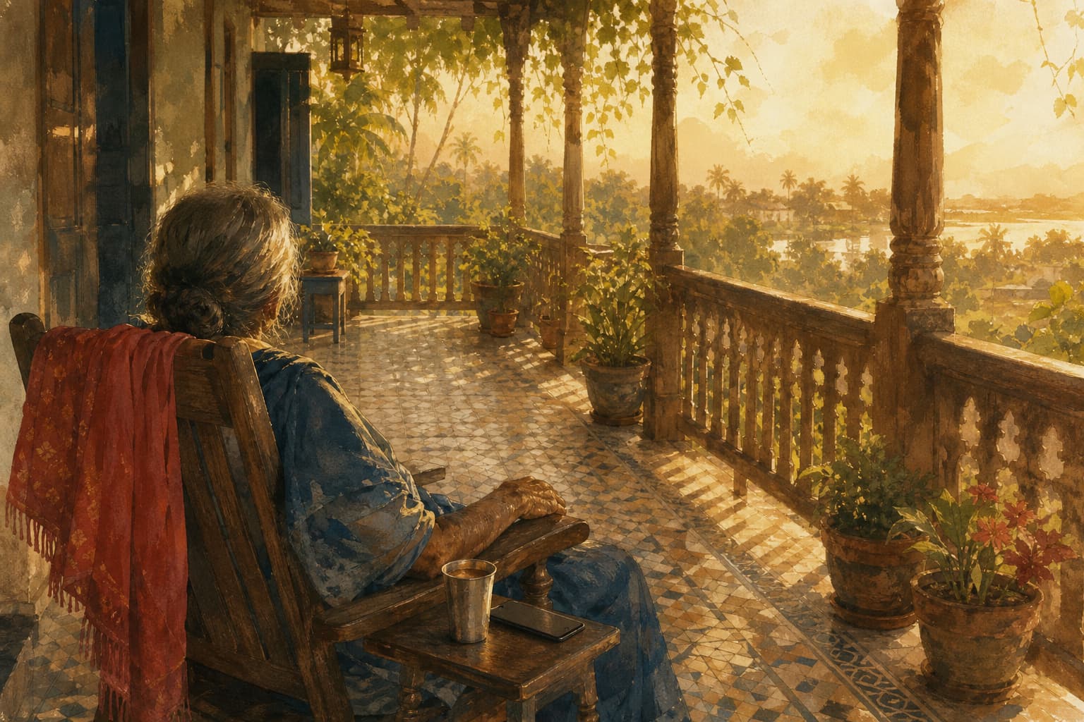 A warm painterly illustration of an elderly Indian woman seen from behind, seated on a sunlit carved-wood verandah at golden hour, a steel tumbler of chai and a face-down phone on the table beside her.