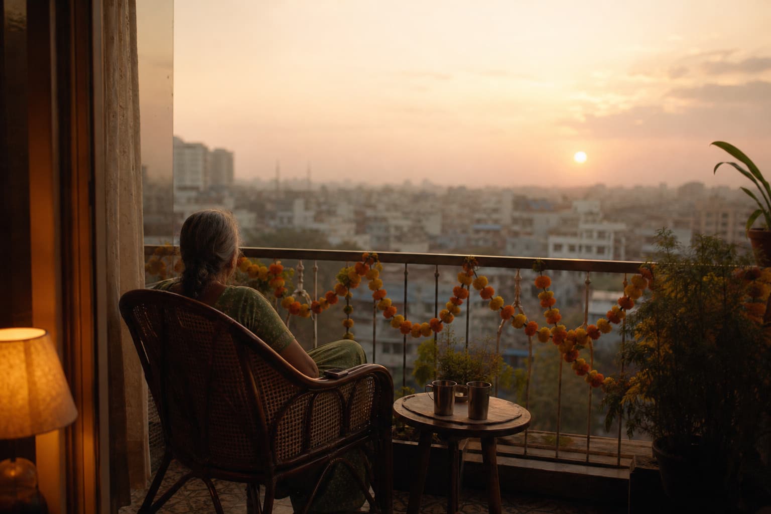 An elderly woman in a green sari sits with her back to us on a city balcony at sunset, beside two steel tumblers of chai, with marigold garlands on the railing and her phone on the arm of her chair.