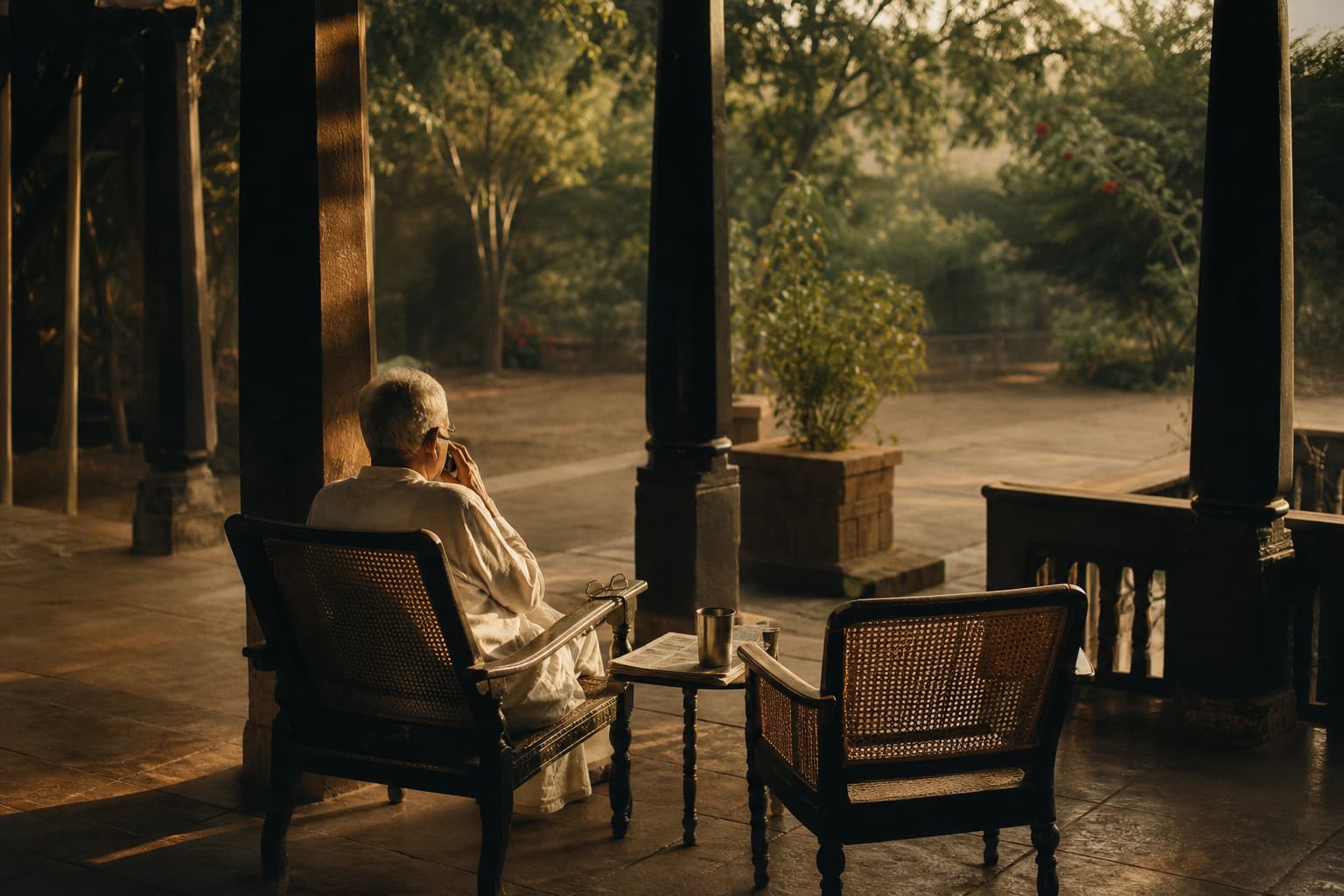 An elderly man in a white kurta sits seen from behind in a cane chair on a sunlit verandah, holding a phone to his ear, with a steel tumbler and a folded newspaper on the table beside him and an empty cane chair next to his.