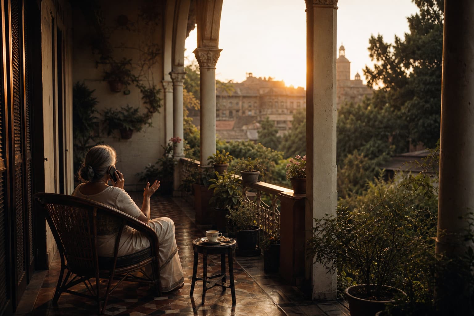 An elderly woman in a white saree sits in a cane chair on a pillared verandah at sunset, seen from behind, talking on the phone with one hand raised mid-story.